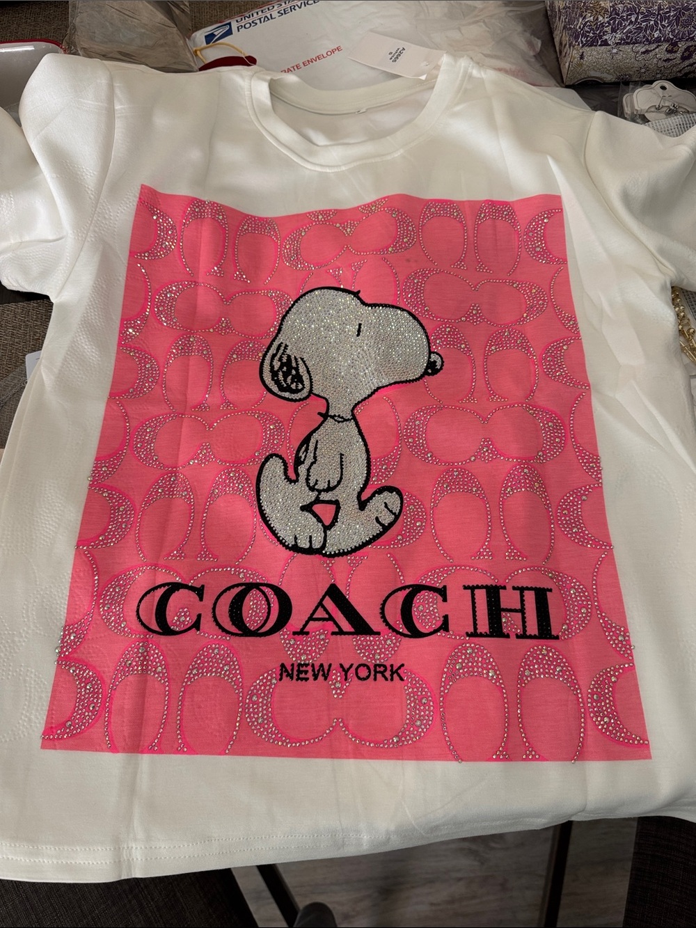 Coach White Tee with Pink Coach Panel and Sparkling Snoopy